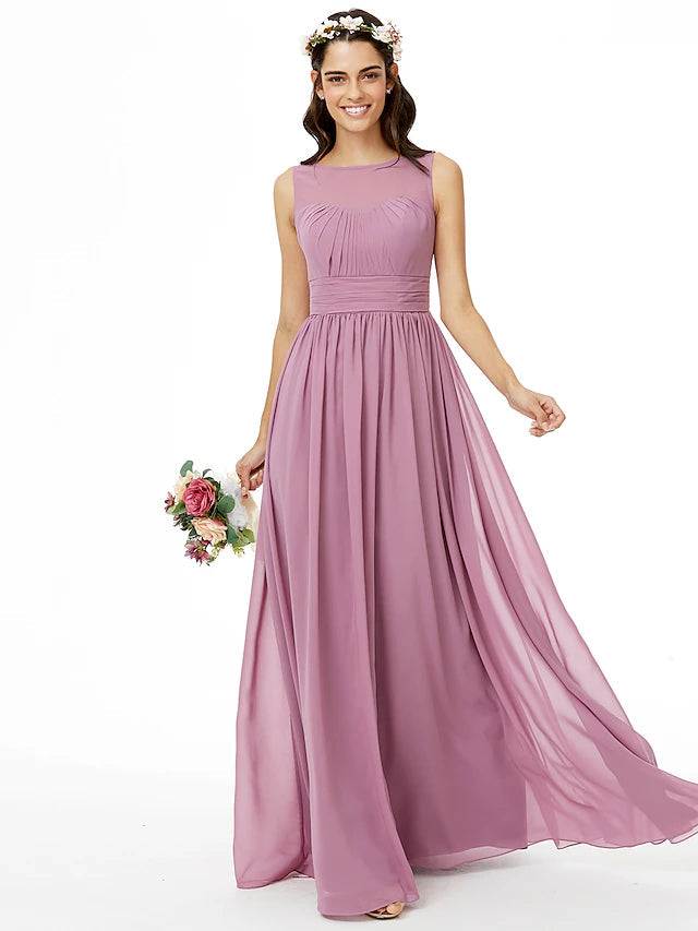Luolandi A-Line Bridesmaid Dress Jewel Neck Sleeveless Open Back Floor Length Chiffon with Sash / Ribbon / Pleats